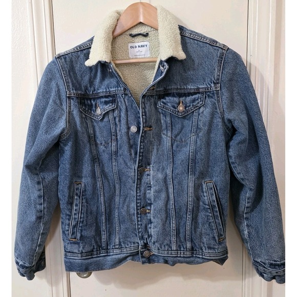 Old Navy Denim Sherpa Lined Boyfriend Jacket Women's Size Small Blue Jean Coat - Picture 1 of 7